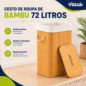 Imagem da oferta Cesto De Roupa Bambu Retangular De 72l Com Tampa E Forro De Linho
