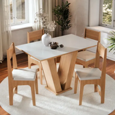 Imagem da oferta Conjunto Sala de Jantar 4 Lugares com Cadeiras Estofadas Mesa Com Tampo Retangular Semelhante Vidro Base V Mel Branco Off White
