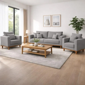 Imagem da oferta Kit 2 poltronas living + sofa 3 lugares base madeira linho