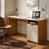 Imagem da oferta Escrivaninha Para Computador 115cm Com Porta E Nicho Mesa Home Office Escritório Quarto Estudo Notebook Moderna Canela Off White