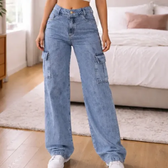 Imagem da oferta Calça Cargo Feminina Wide Leg Cintura Alta Jeans  Stillger