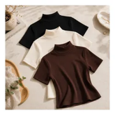 Imagem da oferta Kit 3 Blusas Gola Alta Feminino Manga Curta Básica Casual Pretomarromoff-white Lisa Pm - R$ 45