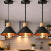 Imagem da oferta Kit 3 Luminária Pendente De Teto Moderna Para Sala Cozinha Escritório - Cor Preto E Cobre - Bivolt Lustre Moderno