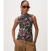 Imagem da oferta Blusa em Tule Estampado Floral Abstrato com Gola Alta Preto
