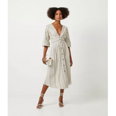 Imagem da oferta Vestido Midi em Linho com Cintura Marcada e Estampa Listras - Bege