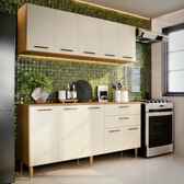 Imagem da oferta Armário De Cozinha Completo 140cm Aéreo E Balcão, 10 Portas E Gavetas, Funcional Para Cozinhas Ou Planejada Compacta Suspenso De Parede Off White B