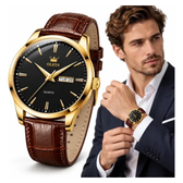 Imagem da oferta Relógio Masculino Olevs Dourado Couro Marrom Calendário Marrom Dourado