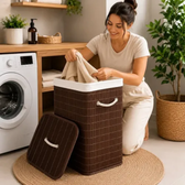 Imagem da oferta Cesto Bambu Com Tampa E Alça Para Roupa Suja Organizador 70l Marrom-escuro Liso