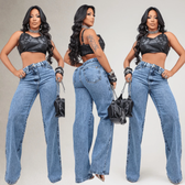 Imagem da oferta Calça Wide Leg Jeans Feminina Cintura Alta 100% Algodão