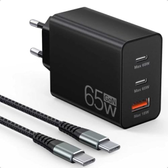 Imagem da oferta Carregador USB C de 65 W,carregador rápido USB de 3 portas com cabo de carregamento de 2 m,fonte de alimentação USB C para MacBook Air Pro M1M2,iPh
