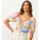 Imagem da oferta Blusa Cropped em Laise com Manga Curta com Estampa Floral Multicores - Blue Steel