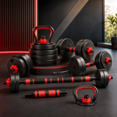 Imagem da oferta Kit Halteres Ajustável 6 em 1 15kg Multifuncional com Barra, Kettlebell e Suporte para Flexões | Musculação Completa para Casa