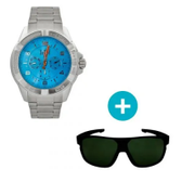 Imagem da oferta Kit Relógio Dumont Masculino Analógico Caixa 4,8cm Prata Pulseira Aço Metal - Modelo Du6P29Acf/3A + Óculos de Sol UV fume