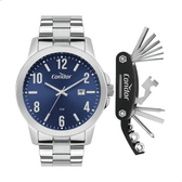 Imagem da oferta Relógio Masculino Condor Prata Com Fundo Azul + Top Correia Prateado Bisel Prateado
