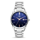 Imagem da oferta Relógio Masculino Clássico Pulseira Prata Correia Prateada Bisel Prateado Fundo Azul Marinho Saint Germain 42mm Elegante Detalhes Bronze