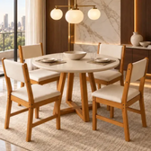 Imagem da oferta Mesa redonda valentina off white nature com 4 cadeiras estofadas