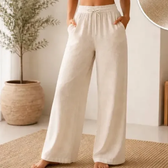 Imagem da oferta Calça Pantalona Cru Wide Leg Cós Elastico Saída Praia Jeans