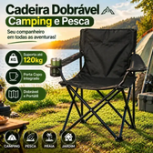 Imagem da oferta Cadeira Dobrável Kingdom Preta Com Porta-copos E Bolsa De Transporte Para Praia E Camping