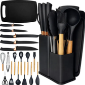 Imagem da oferta Kit Utensílios Silicone C Cabo De Madeira E Facas Em Inox