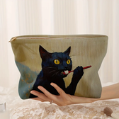 Imagem da oferta 1 unidade Bolsa de Maquiagem em Corduroy com Estampa de Gato Preto Caixa de Armazenamento de Maquiagem Leve com Zíper