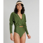 Imagem da oferta Maiô Body Água de Coco com Sobreposição sem Bojo Manga Longa Proteção UV50+ Verde Escuro