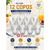 Imagem da oferta Kit 12 Copos Diamond 300ml Transparente Luxo Vidro Copo Diamante Cristal Suco Agua Vinho - Star House