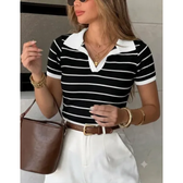 Imagem da oferta Blusa Feminina Manga Curta Polo Listrada Elegante Moda Verão Pretooff Listras Único
