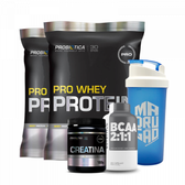 Imagem da oferta Kit Ganho de Massa Muscular Probiótica: 02 Pro Whey Protein 500g cada + 1 BCAA 60 tabs + 01 Creatina 100g + Coqueteleira 600ml