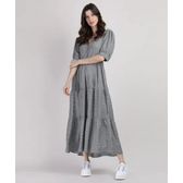 Imagem da oferta Vestido Feminino Mindset Longo Estampado Xadrez Vichy com Recortes Manga Bufante Preto