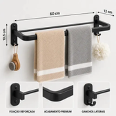 Imagem da oferta Porta Toalha Para Banheiro De Parede Preto Fosco 60cm Com Ganchos Suporte Toalheiro Simples