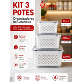 Imagem da oferta Kit 3 Organizadores Geladeira Alimentos Legumes Verduras Frutas Transparente Com Tampa Trava Hermético Escorredor - Starhouse