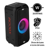 Imagem da oferta Caixa de som Bluetooth LG XBOOM 200W RMS 12 horas de bateria IPX4 Iluminação de Festa e Visor de Pixel LED - XL5T