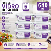 Imagem da oferta Kit 6 Potes 640ml Vidro Borossilicato Hermético 4 Travas Marmita Forno Freezer