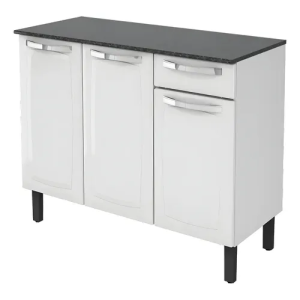 Balcão de Cozinha Itatiaia Aço 3 Portas 1 Gaveta Com Tampo de 105 CM Modelo Rose Branco Neve