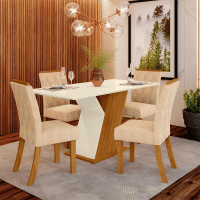 Imagem da oferta Conjunto Sala de Jantar Mesa 120cm Tampo Mdf 4 Cadeiras Lupita Casa 812 Nature com Off White e Linho