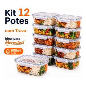 Kit 12 Marmitas 800ml Potes Trava lateral freezer microondas transparente
