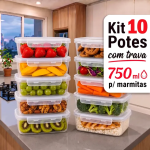 Kit 10 Potes 750ml com Tampa Trava Plástico Transparente para Mantimentos e Alimentos Marmita Organizador de Cozinha Ge