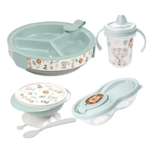 Kit Prato Infantil Térmico Tigela Papinha Copo Bichos Safari