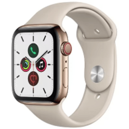 Imagem da oferta Apple Watch Series 5 (Cellular + GPS, 44 mm) - Caixa de Aço Inoxidável Dourado - Pulseira Esportiva Cinza e Fecho Clássico