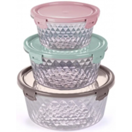 Conjunto de Potes Plasvale Cristal em Plástico com Tampa Colorida com 3 Peças