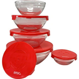 Imagem da oferta Conjunto de Potes de Vidro Redondos e Tampa Plástica Vermelha 5 peças - Basic+