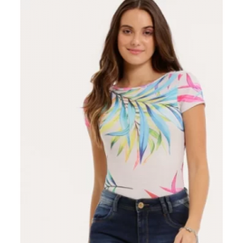 Body Feminino Estampa Folhas Manga Curta