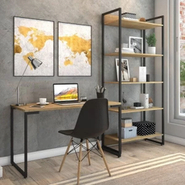 Conjunto Escritório Home Office Industrial 2 Peças: Escrivaninha e Estante Porto Móveis Belo
