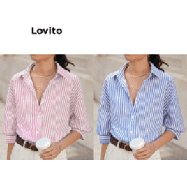 Imagem da oferta Blusa de Algodão com Botões de Listras e Colarinho para Mulheres Lovito