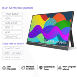 Imagem da oferta Monitor Portátil ARZOPA 15.6" 1080P FHD IPS Tela USB-C Mini-HDMI