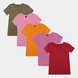 Imagem da oferta Kit Camiseta Básicos Gola V Lisa C/ 5 Peças Feminina - Rosa+Vinho
