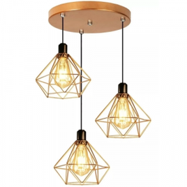 Conjunto Lustre Pendente Diamante Triplo Aramado E27