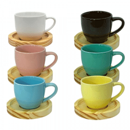 Imagem da oferta Jogo 6 xicara cafe porcelana com pires madeira premium