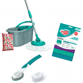 Mop Fit Giratório 3 em 1 com Esponja Multiuso + Conjunto de Esponja e Escova com Dispenser e 3 Panos Mulituso - Fun Clean