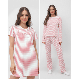 Imagem da oferta Kit Pijama Longo Feminino + Camisola Listrada